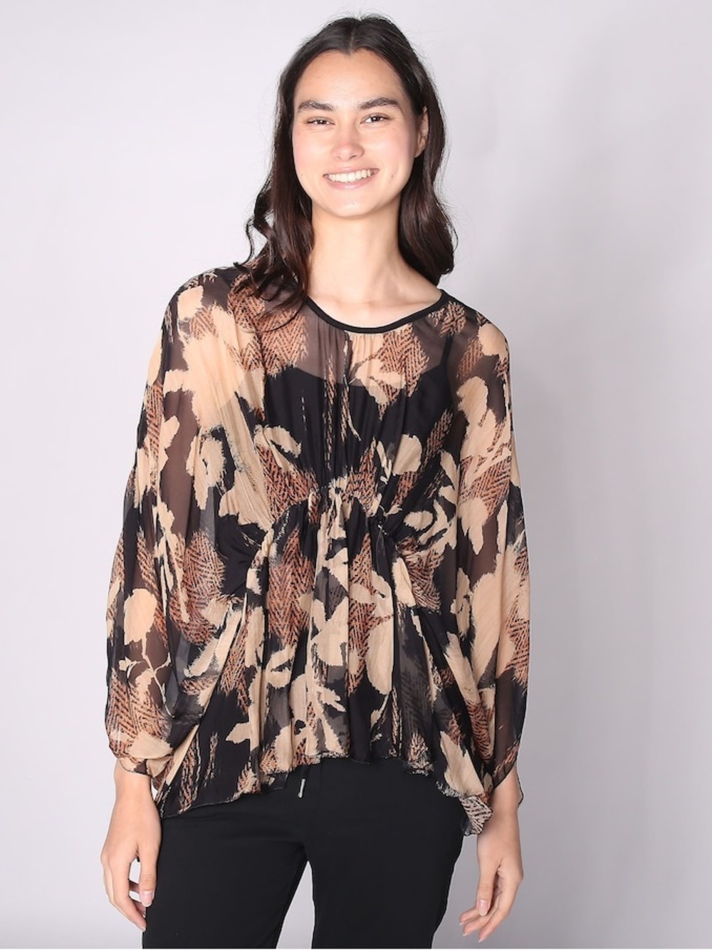 M Made In Italy Woven V-Neck Bat Sleeve‎ Tunic Silk Blend Size Large